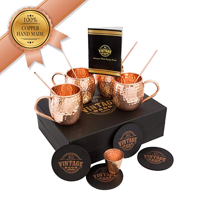 1941 Vintage Copper Moscow Mule Mugs Set By 100% Solid Thick Walled Copper, 4 16oz Cups With Handle For Drinks And Beverages, 4 Copper Straws, 4 Wooden Coasters, Shot Glass And Cocktail Recipe Book