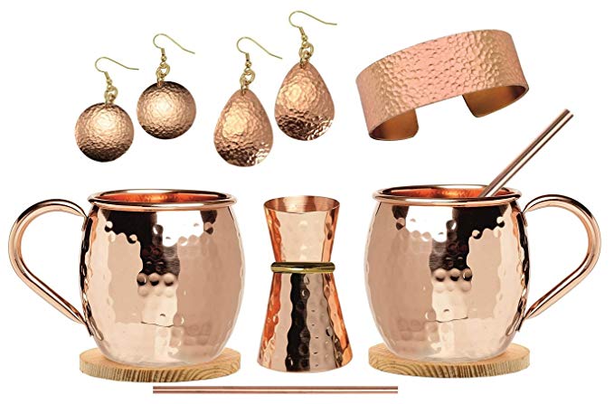 MOSCOW MULE 100% PURE COPPER MUGS, SET OF 2 MUGS, with Free 1 JIGGER, 2 COPPER STRAW and 2 WOOD COASTER - 100 % Pure Copper Mugs - Large 16 Ounce Mugs + INCLUDE FASHION JEWELLERY