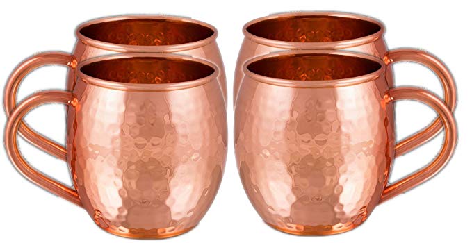 Handcrafted Hammered Classic Copper Moscow Mule Mugs Solid Pure Copper Unlined Mug Cup Capacity 16 Ounce Copper C Shape Handle Set of 4