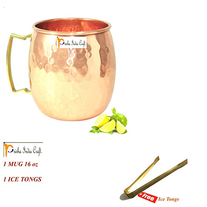 Prisha India Craft Pure Copper Hammered Mug for Moscow Mules 16 Ounce with Ice Tongs