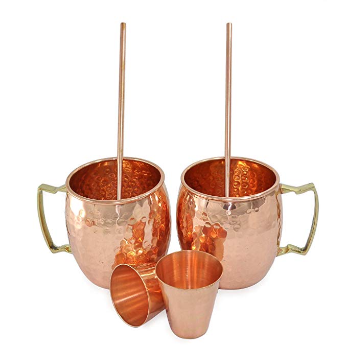 BIG SALE OFFER Set of 2, 100% Authentic Copper Mug with FREE Copper Shot Glass And Copper Straw - 16 oz Copper Moscow Mule Mug - Solid Copper Bar, Cocktail & Wine Glasses/Beer Mugs & Steins