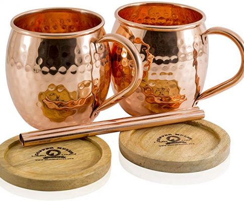 Set of 2 Moscow Mule Copper Mugs by Copper Mules – Handcrafted From 100% Pure Copper and Hand Hammered – Riveted Handles for Strength – Holds 16 ounces – BONUS Copper Straws, Wood Coasters, eBook Review