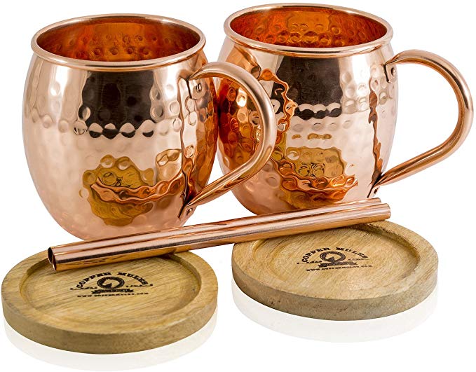 Set of 2 Moscow Mule Copper Mugs by Copper Mules – Handcrafted From 100% Pure Copper and Hand Hammered - Riveted Handles for Strength – Holds 16 ounces - BONUS Copper Straws, Wood Coasters, eBook