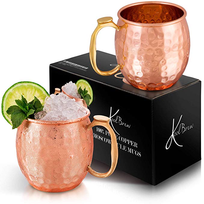 KoolBrew Moscow Mule Copper Mugs Gift Set of 2 Copper Mule Mugs,100% Pure Solid Copper Cups with Hammered Finish