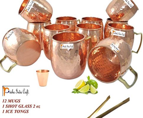 Set of 12 Pure Copper Hammered Mug for Moscow Mules Capacity – 16 Ounce by Prisha India Craft Bonus Shot Glass With Ice Tongs Review