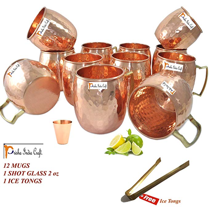 Set of 12 Pure Copper Hammered Mug for Moscow Mules Capacity - 16 Ounce by Prisha India Craft Bonus Shot Glass With Ice Tongs