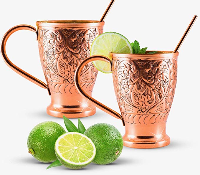 Moscow Mule Copper Mugs | Stunning Embossed Gift Set of 2 Pure Copper Cups | Bonus Straws By Kamojo