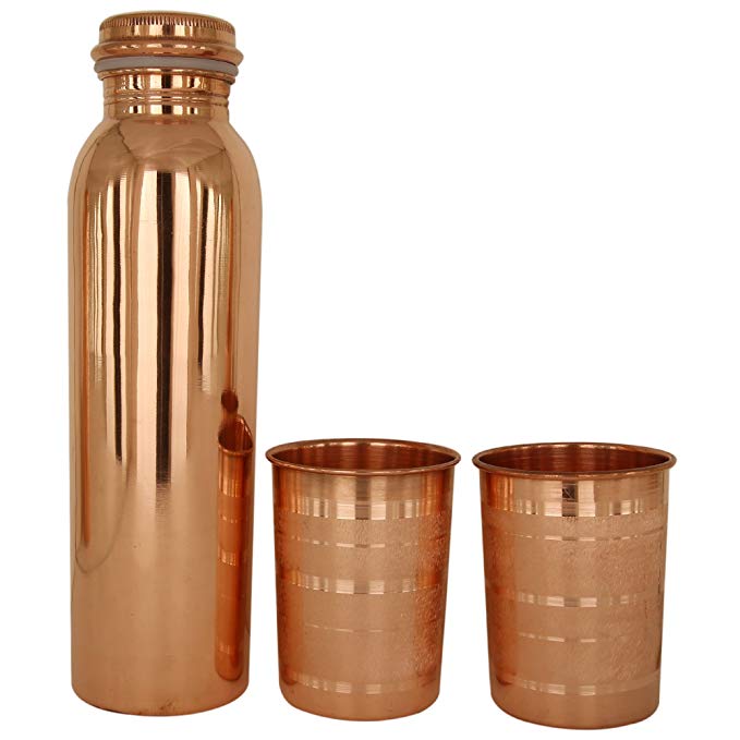 JaipurCrafts Thermos Design Pure Copper Bottle, Travelling Purpose, 1000 Ml With Two Tumbler Glass