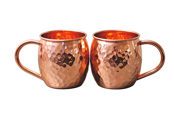 Om Creation 100% Solid Copper Moscow Mule Mugs Hammered Barrel, 16 Oz. Each| Handcrafted Set of 2