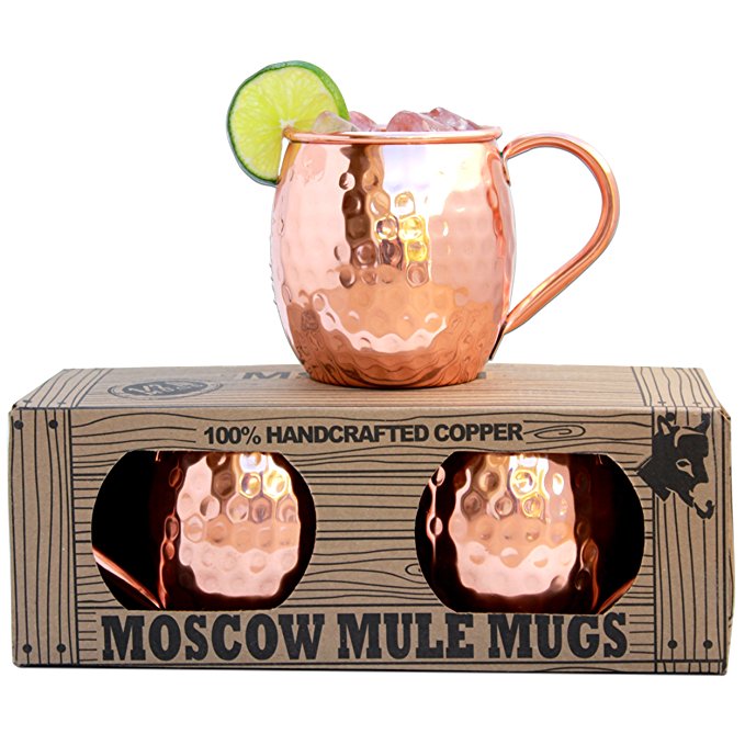 Morken Barware Moscow Mule Mugs - Set of 2 - Premium 1/2 Pound Mugs - 100% Solid Copper - Hammered Finish - 16oz