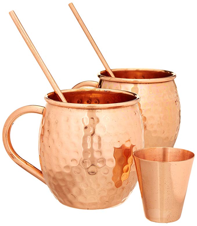 Hammered Moscow Mule Premium Barware Gift Set - Two 16 ounce Pure Copper Mugs, Straws & Shot Glass Included - Luxury In-Home Bar Accessories w/Recipe eBook Bonus