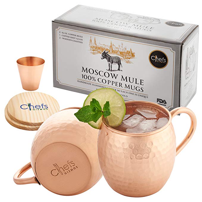 Moscow Mule Copper Mugs by Chefs Gizmos – 100% Pure Copper Handcrafted Cups - Set of 2 Food Safe, 16 oz. Drinking Mugs with Copper Handles and BONUS Copper Shot Glass and Wooden Coasters