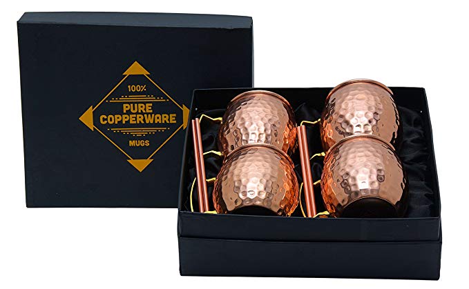 Moscow Mule Copper Mug Gift Set - Premium Quality Mugs Hammered Design with 16 oz. ounce Straws Available Solid Handcrafted Handmade Finish Perfect for Gifts Cocktails