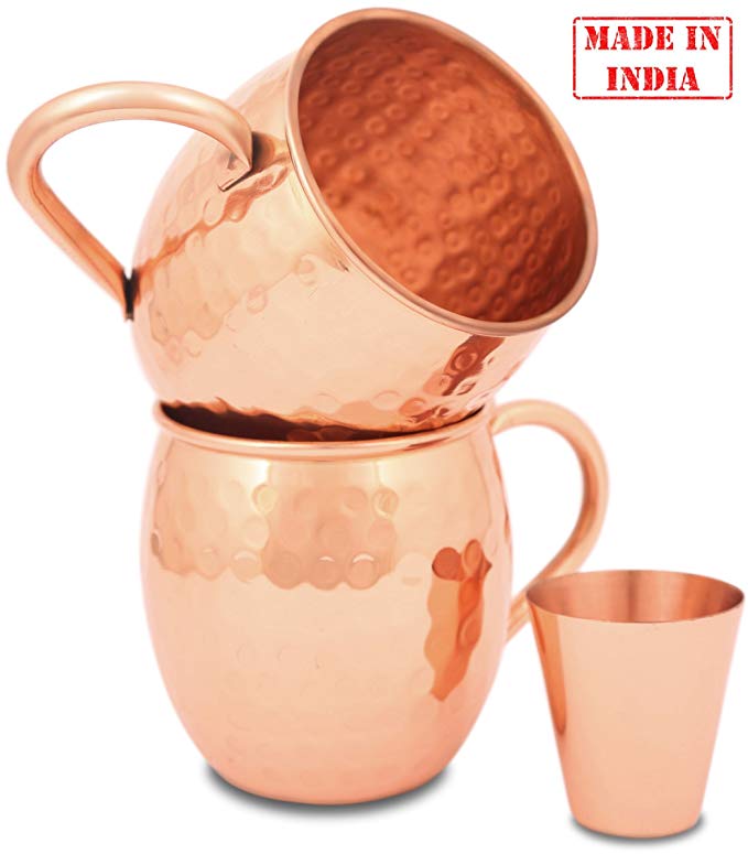 Moscow Mule Copper Mugs – Set of 2 16 oz with Shot Glass and Straws – 100% Pure Copper without Extra Metals – Perfect Quality – A Perfect Gift for any Occasion – Hammered Mug – by ZAFMANN