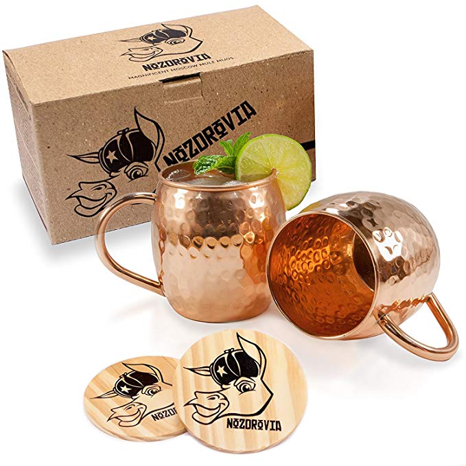 Moscow Mule Copper Mugs - Nozdrovia - 2 Pack - 100% Solid Copper, 16 oz Capacity, Hammered Finish, Classic