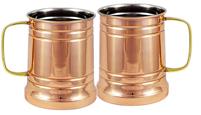 Tankard Large Moscow Mule Copper Mugs, 20 Oz - Handmade of 100% Pure Copper with Nickel Line, Brass Handle Set of (2)