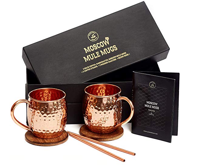 Moscow Mule Mugs Gift Set, 2 Authentic Handcrafted Copper Mugs (16 oz.), 2 Straws, 2 Solid Wood Coasters and Recipe Book