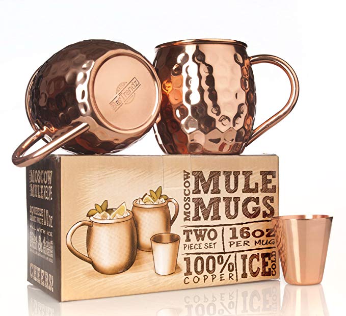 BarTrendz Premium Moscow Mule Copper Mugs Set of 2 Bonus Copper Shot Glass - Two 16 oz Copper Cups for Moscow Mules - Solid 100% Hammered Copper Mug