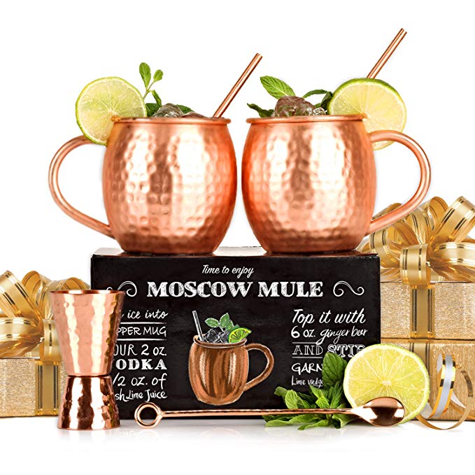 Set of 2 Copper Mugs with Free Extras - Moscow Mules - 100% Solid Copper Hammered Cups 16oz - Unique Extras: Jigger, Stirrer And Straws – Premium Quality – By Shoko Moscow