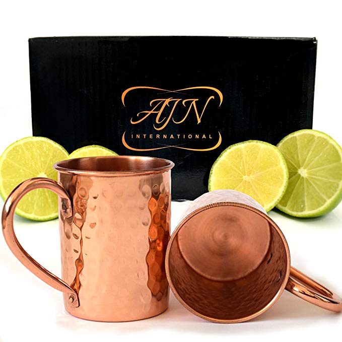 AJN International Moscow Mule Copper Mugs Set of 2 - 100% Pure Copper - 16 Oz Copper Moscow Mule Mugs - Solid Copper Hammered Mug - Copper Cups for Moscow Mules - Luxury Gift Set