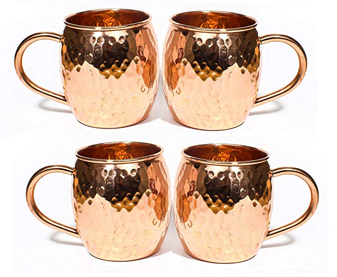 Moscow Mule Mug - 100% Pure Solid Copper, 16 Oz Unlined, No Nickel Interior, Handcrafted Hammered Design set of 4