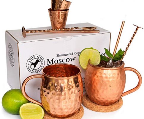 Moscow Mule Hammered 100% Copper Mug Cup Set for Two with Shots – Straws – Spoons with Muddlers – Coasters and Mixology Book Review