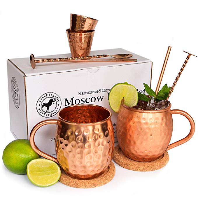 Moscow Mule Hammered 100% Copper Mug Cup Set for Two with Shots - Straws - Spoons with Muddlers - Coasters and Mixology Book