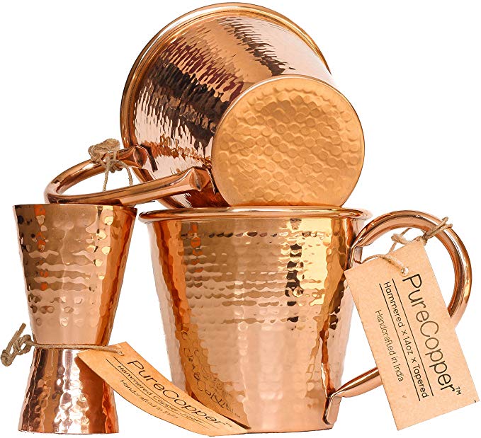 Set of 2 100% Copper Mugs - 14oz Hammered Tapered Moscow Mule Mugs - BONUS Jigger! (2, 14oz)