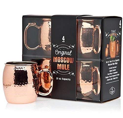 Jacky's Original Handmade Copper Moscow Mule Mug, Gift Set of 4 20 Oz Mugs, Free Recipe Book Included