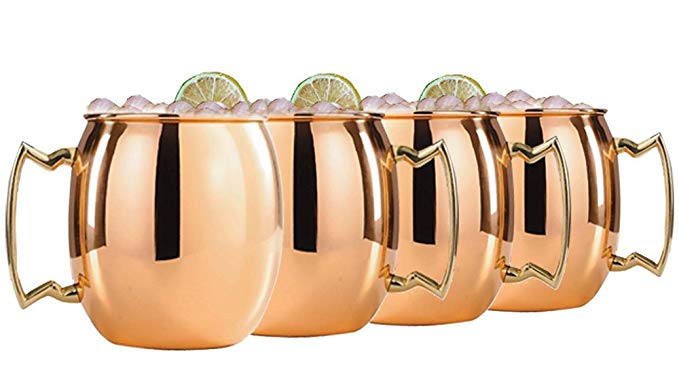 FineDine Solid Copper Moscow Mule Mug / Cups With Lacquered Finish Also For Cocktails / Ginger Beer Vodka [Set of 4 20 Oz]