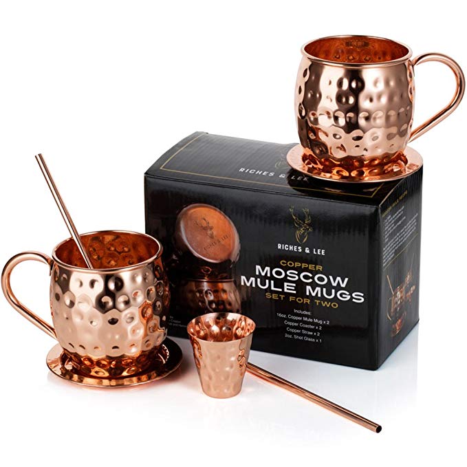 Moscow Mule Copper Mugs: Set of 2 x 18oz Mug, 2 x Coaster, 2 x Straw, 1 x Shot Glass/Cup & Bonus Cocktail Recipe eBook - 100% Copper Accessories & Kit: Handmade & Hammered - The Perfect Kitchen Gift