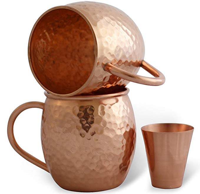 Set of 2,Dungri India Craft ® Solid Copper Hammered Barrel Mugs with Bonus Copper Shot Glass - Copper Moscow Mule Vodka Beer Mug- Cocktail Glasses,18 oz / 550 ML Copper Cups