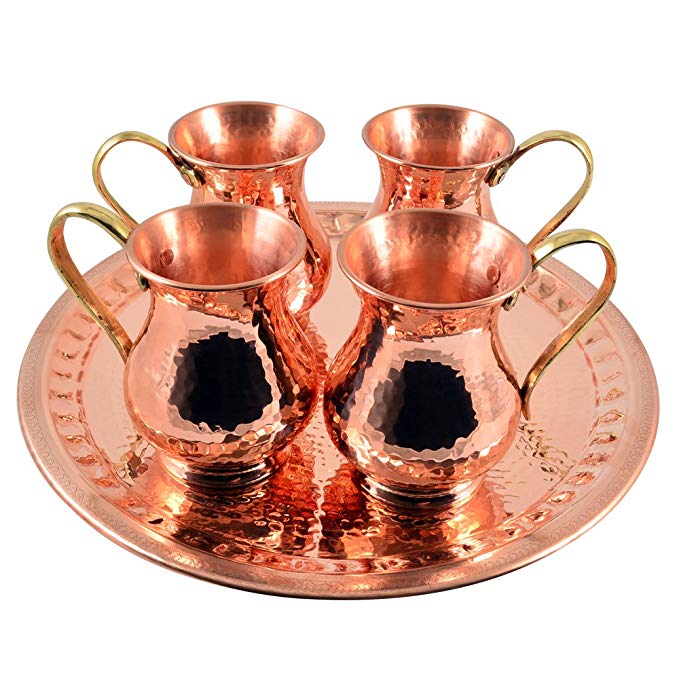 4 X CopperBull Thickest Heaviest Hammered 1 mm Copper Tumbler Cup Mug Set with TRAY for Water Moscow Mule Ayurvedic Healing,14 Oz