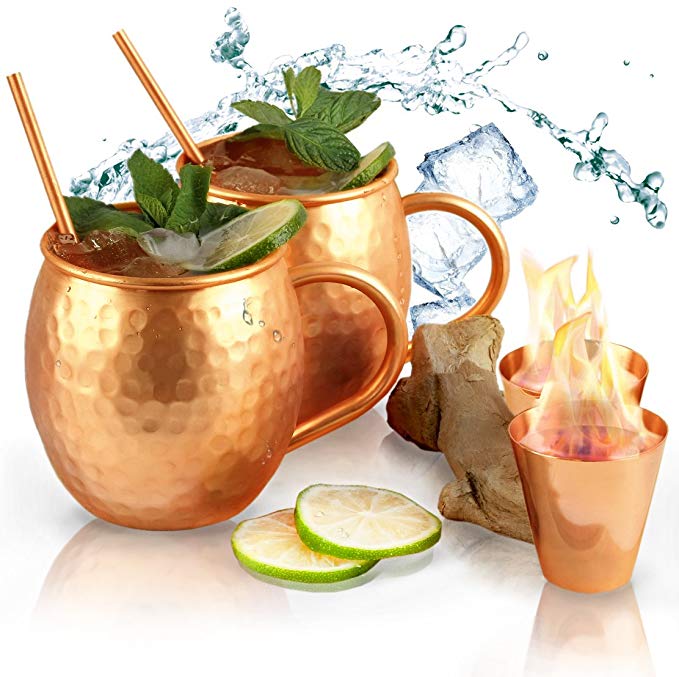 Abhiasa Moscow Mule Copper Mugs Set - 2 Mugs (16 Oz) + 2 Shot Glasses (2 Oz) + 2 Straws (6,5 in) - All components made of 100% Solid Copper - Perfect for Cocktails and Cold Drinks