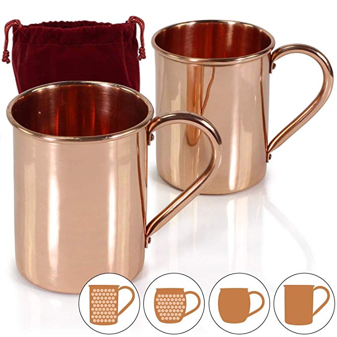 Amazy Moscow Mule Mugs – Set of 2 Handmade Solid 100% Copper Mugs (Cylinder | Flat) BONUS: Free E-Recipes with purchase