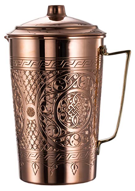 New* CopperBull 2017 Heavy Gauge 1mm Solid Hammered Copper Water Moscow Mule Serving Pitcher Jug with Lid, 2.2-Quart (Engraved Copper)