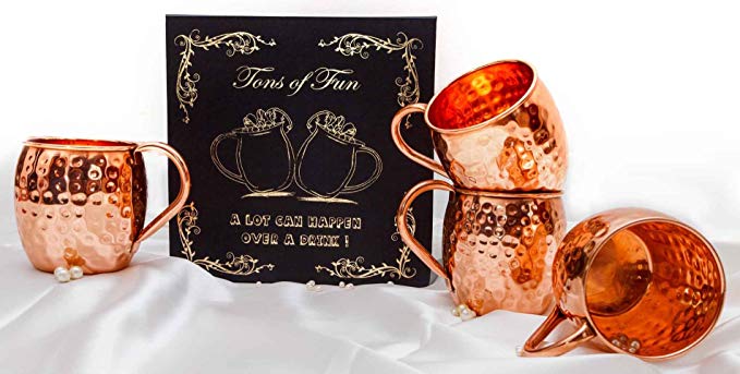 Moscow Mule Pure Copper Mug Set - Each mug weighs about 1/2 lb - 16oz capacity. Bonus Set of 4 Copper Straws/Stirrer Sticks with Free E-book. Tons Of Fun Gift Set of 4 Mugs