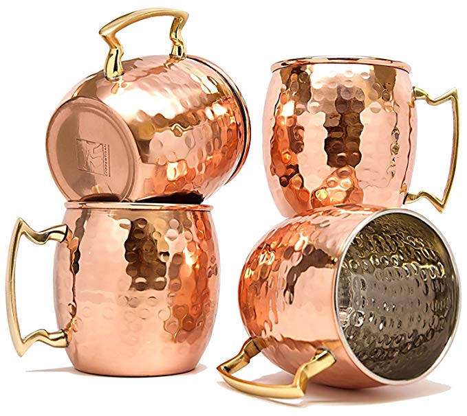 Moscow Mule Copper Mugs Set of 4 by Coppertisan - Handmade of 100% Pure Copper - Best Moscow Mule Mugs with Moscow Mule Recipes (Barrel Hammered -)