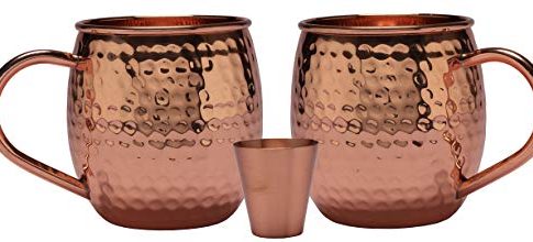 Melange 16 Oz Copper Barrel Mug for Moscow Mules, Set of 2 with One Shot Glass – 100% Pure Hammered Copper – Heavy Gauge – No lining – includes FREE Recipe card Review