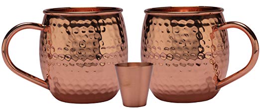 Melange 16 Oz Copper Barrel Mug for Moscow Mules, Set of 2 with One Shot Glass - 100% Pure Hammered Copper - Heavy Gauge - No lining - includes FREE Recipe card