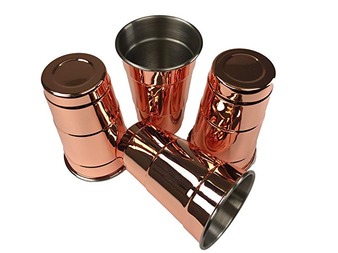 BonBon Moscow Mule Mugs - 4 Pack Copper Red Solo Cups Pure Copper Stainless lines glass for mule recipe cocktail beverages, soft drinks, Handcrafted, 16oz, 20 Gauge Hammered (Set of 4)