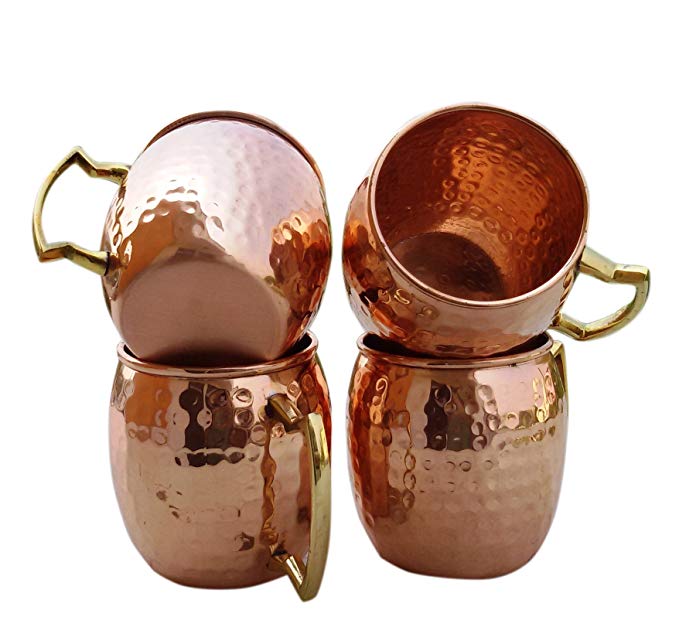 STREET CRAFT Set of 4 Handmade Solid Copper Mug Hammered Pure Copper Moscow Mule Mugs with Brass Handle Capacity 16 Oz