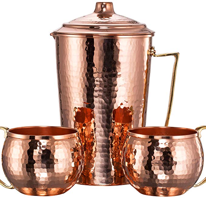 *NEW* CopperBull Heavy Gauge 100% Pure Solid Hammered Copper Moscow Mule Water Serving Set (Pitcher & 2 Mugs)